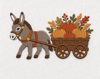 May include: An embroidered patch featuring a grey donkey with a brown harness pulling a wooden cart filled with orange and yellow pumpkins and autumn leaves. The donkey has dark brown hooves and a mane, while the cart has two brown wheels.