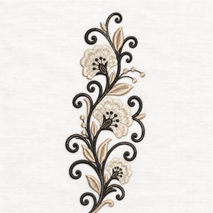 May include: An embroidery design featuring three cream-colored flowers with dark centers, connected by dark brown swirling vines and stems. The pattern includes several light tan leaves and small circular accents, all arranged in a vertical, symmetrical floral motif.