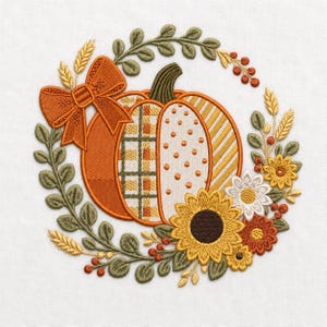 Patchwork Pumpkin Embroidery Design, Floral Autumn Wreath Cottagecore Harvest Art (Digital File)