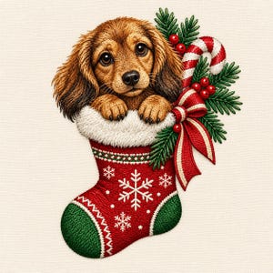May include: A brown puppy with long ears peeking out of a red and green Christmas stocking. The stocking features white snowflake patterns, a white faux fur cuff, and is decorated with a red bow, green pine needles, red berries, and a candy cane.