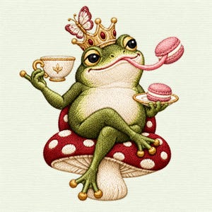May include: An embroidered green frog wearing a gold crown with a butterfly perched on top, sitting on a red and white spotted mushroom. The frog holds a teacup and uses its tongue to catch a pink macaron, with another on a small plate.