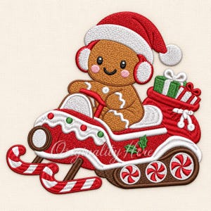 May include: An embroidered patch featuring a brown gingerbread person wearing a red and white Santa hat and earmuffs, driving a red snowmobile with candy cane runners, peppermint wheel accents, and a red sack filled with wrapped gifts.