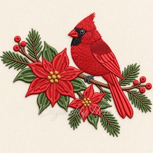 Borduurpatroon van een kardinaalpoinsettia, rode kerstvogel, vintage bloemenmotief in winterbosstijl (digitaal bestand)