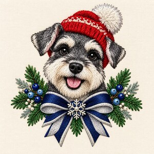 Könnte beinhalten: Ein gesticktes Porträt eines Schnauzers, der eine rote Strickmütze mit weißem Bommel trägt. Der Hund ist umrahmt von grünen Tannennadeln, blauen Beeren und einer großen blau-silbernen Schleife mit einem weißen Schneeflocken-Ornament.