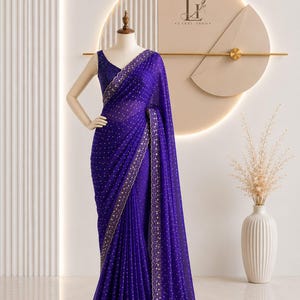 Space Silk Saree with Jarkhan Stone Work, Indian Wedding Saree, Designer Party Wear Saree, Bridesmaid Saree, Reception Ethnic Wear