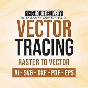 May include: A graphic advertisement with brown and black text on a light beige background. The text reads 1-5 HOUR DELIVERY DEPENDS ON ARTWORK COMPLEXITY, VECTOR TRACING, RASTER TO VECTOR, and AI - SVG - DXF - PDF - EPS in a clean, bold font.
