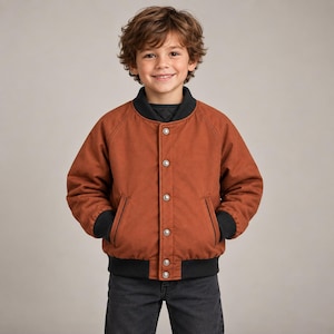 May include: A rust-coloured bomber jacket featuring a black ribbed collar, black ribbed cuffs, and a black ribbed hem. The jacket has a front button closure with five silver-toned metal snaps and two slanted front pockets. The fabric has a matte finish.