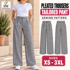Puede incluir: Un patrón de costura para pantalones plisados y pantalones a medida con un estampado de cuadros vichy en blanco y negro. El diseño incluye una cintura alta con cierre de botón y perneras anchas. El texto dice Pleated Trousers Tailored Pant Sewing Pattern Sizes XS-3XL.