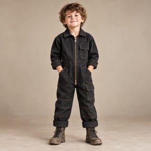 Peut inclure: Une combinaison en jean noir anthracite dotée d'une fermeture éclair métallique sur toute la longueur, d'un col pointu, de manches longues avec poignets et de multiples poches utilitaires sur la poitrine et les jambes. Renforts aux genoux.