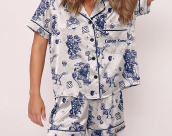 Custom Dungeon Crawler Pajamas, Cat Dinosaur Satin Pajama Set, LitRPG Bookish Loungewear, Personalized Book Lover Gift, Gift For Her