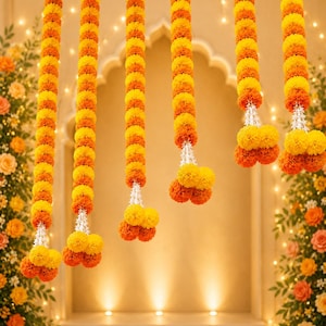 Puede incluir: Seis guirnaldas colgantes verticales compuestas por flores de caléndula en amarillo brillante y naranja vibrante. Cada guirnalda presenta un racimo de flores más grandes en la base, separadas del cuerpo principal por detalles florales blancos.