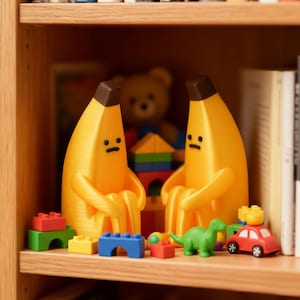 Könnte beinhalten: Zwei gelbe bananenförmige Figuren mit braunen Spitzen sowie einfachen schwarzen Augen und Mündern. Die Figuren sitzen aufrecht einander gegenüber, umgeben von bunten Kunststoff-Bausteinen, einem kleinen grünen Dinosaurier und einem roten Spielzeugauto.