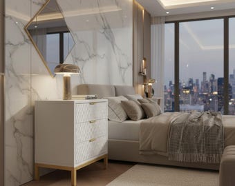 Modern White Nightstand with 3 Drawers, Contemporary Bedside Table, Gold Accent End Table, Bedroom Storage Cabinet