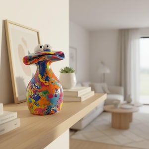 Puede incluir: Una figura de cerámica con forma de criatura estilizada con una cabeza ancha y plana y dos ojos blancos prominentes. El cuerpo presenta un patrón vibrante de salpicaduras de pintura multicolor en tonos azul, naranja, amarillo, rosa y verde.