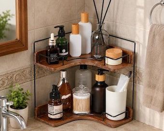 2 Tier Wooden Corner Shelf, Rustic Countertop Shelf, Kitchen Spice Rack, Bathroom Storage Organizer, Desktop Shelf, Small Space Home Decor