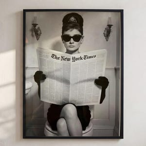 May include: A black and white framed print featuring a person with an updo hairstyle, wearing dark sunglasses and black gloves, sitting on a toilet while holding a newspaper with the text The New York Times clearly visible on the front page.