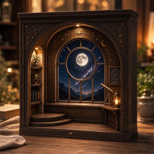 Könnte beinhalten: Ein Buchnischen-Diorama aus dunklem Holz mit einem Bogenfenster, das den Blick auf einen Vollmond und einen Sternenhimmel über Bergen freigibt. Die Struktur enthält Regale mit Miniaturbüchern, einen Globus, eine Pflanze, ein Teleskop und eine Laterne.