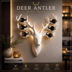 Peut inclure: Un porte-bouteilles mural en forme de tête de cerf blanche, doté de six emplacements intégrés dans les bois. Le texte DEER ANTLER WINE RACK est inscrit au-dessus, avec des icônes et du texte supplémentaires en bas de l'image.