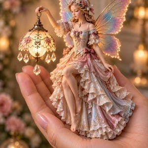 May include: A miniature fairy figurine with iridescent wings, wearing a ruffled, multi-layered dress in shades of pink, cream, and blue. The figure holds a small, ornate, glowing lantern with hanging crystal accents and floral details.