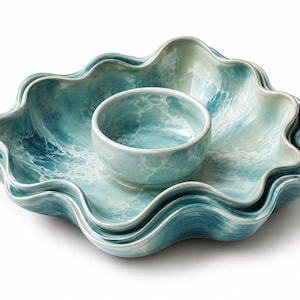 Ice Blue Oyster Shell Chip & Dip Bowl | Sculptural Wave Ceramic Platter (Digital STL File)