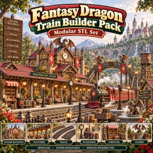 Puede incluir: Un conjunto modular STL Fantasy Dragon Train Builder Pack que presenta una estación de tren detallada, una locomotora de vapor y arquitectura de dragones. Incluye edificios, andenes, vías, accesorios, muebles y elementos de paisaje.