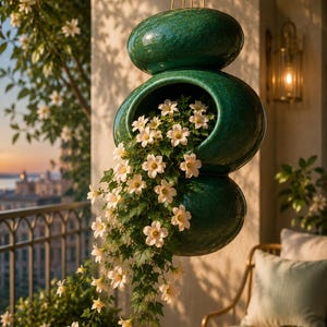 May include: A hanging planter composed of three stacked, glossy, dark green ceramic oval forms. The middle section features a large opening filled with trailing green vines and small, delicate white flowers, suspended by thin gold-toned metal wires.