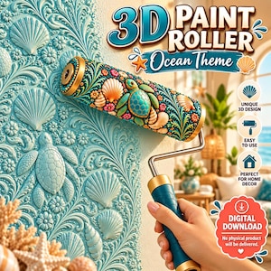 May include: A 3D paint roller with an ocean theme, featuring a textured pattern of sea turtles, seashells, and floral motifs. The roller has a teal handle with gold accents and is shown applying a raised, embossed design to a light blue wall.