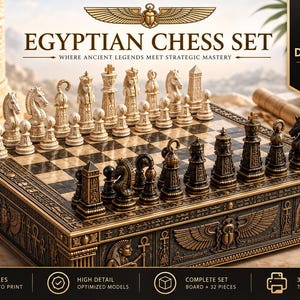 May include: An Egyptian-themed chess set featuring a board and 32 pieces. The board has a black and white chequered surface with ornate, dark-toned sides decorated with hieroglyphs and winged scarabs. The pieces are sculpted in cream and dark bronze.
