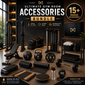 Puede incluir: Un paquete digital de más de 15 accesorios de gimnasio que incluye un rack, banco, mancuernas, pesa rusa, discos, barra, rodillo de espuma, plataforma de step y cronómetro. Incluye archivos STL listos para impresión 3D FDM y resina.