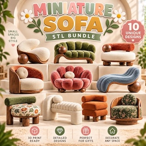 May include: A digital collection of 10 miniature sofa designs labeled as a STL bundle. The image displays various small-scale furniture pieces featuring diverse textures, wood-toned bases, and fabric upholstery in colors like green, orange, and blue.
