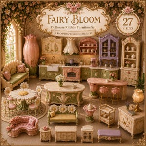 以下が含まれることがあります： 27ピースのFairy Bloomドールハウス用キッチン家具セット。パステルピンク、グリーン、クリーム色の花をモチーフにしたキャビネット、コンロ、シンク、テーブル、椅子、ソファが含まれています。ミニチュアのティーセット、ランプ、収納家具も揃っています。