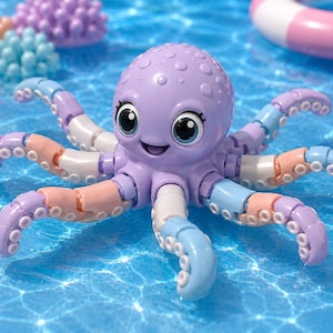 May include: A purple plastic octopus toy with large black and white eyes and a smiling mouth. The octopus has eight articulated tentacles featuring alternating segments of light purple, soft pink, and light blue colors with white suction cups.