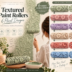 Könnte beinhalten: Ein Set aus sechs gemusterten Farbrollern mit floralen Designs in Salbeigrün, Altrosa, Lavendel, Beige, Terrakotta und Blau. Die Rollen verfügen über komplexe geprägte Texturen mit Blumen, Schmetterlingen und himmlischen Motiven für Wandanstriche.