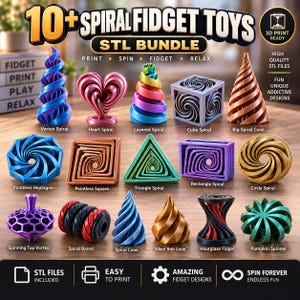 May include: A collection of 10+ 3D printed spiral fidget toys including a vortex, heart, cube, cone, heptagon, square, triangle, rectangle, circle, spinning top, barrel, and pumpkin designs in various colors like blue, purple, gold, and green.