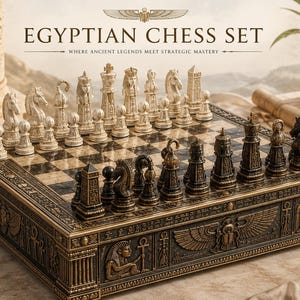 May include: An Egyptian-themed chess set featuring a rectangular board with ornate relief carvings of scarabs and figures. The set includes off-white and dark bronze-colored pieces shaped like obelisks, horses, and figures. Text reads EGYPTIAN CHESS SET.