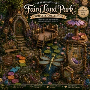 May include: A 1:12 scale miniature Fairy Land Park collection featuring a treehouse with a green door, a carousel, a crescent moon swing, a dragonfly bridge over a pond, and various garden accessories with text including Fairy Land Park.