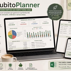 May include: A digital dashboard for tax management titled SubitoPlanner GESTIONE PARTITA IVA FORFETTARIO 2026 displayed on a laptop, tablet, and smartphone. The screens show financial charts, annual summaries, and expense tracking tables in green and white.