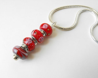 Lampwork Bead Necklace - Colorful Red Glass Bead Pendant Necklace by ElleBelle Art