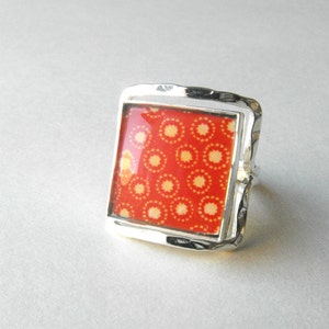 Glass Tile Ring ~ Modern Ring ~ Red Glass Tile Silvertone Metal Ring