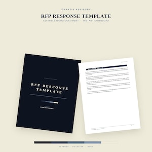 May include: An editable RFP Response Template document by Ovantis Advisory. The cover page is dark blue with white text reading RFP RESPONSE TEMPLATE. The interior page is white with black text detailing recruitment approach sections in a document.