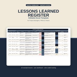 Könnte beinhalten: Eine digitale Excel-Vorlage für ein Lessons Learned Register für Projektmanager. Das Dokument enthält eine Tabelle mit Spalten für ID, Datum, Projektphase, Kategorie, Lektionstitel, Beschreibung, Ursache, Auswirkung und Status.