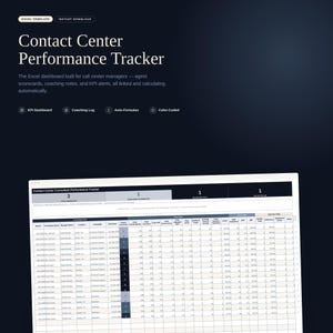 May include: A digital Excel template titled Contact Center Performance Tracker featuring a dark background with white text. The interface displays a spreadsheet with columns for consultant information, chat metrics, and performance data with auto-formulas.