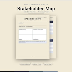 Może przedstawiać: Szablon zarządzania projektem zatytułowany Stakeholder Map dla programu Microsoft Word. Dokument zawiera siatkę mapy wpływu interesariuszy z sekcjami dla osób do przekonania, liderów, agentów zmian i monitorowania oraz krótką instrukcję.