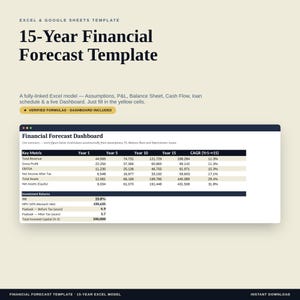May include: A 15-Year Financial Forecast Template for Excel and Google Sheets. The document includes a Financial Forecast Dashboard with key metrics like Total Revenue, Gross Profit, EBITDA, Net Income, Total Assets, and Net Assets over 15 years.