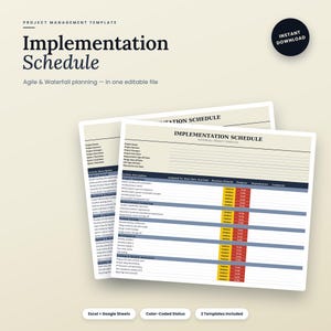 May include: An editable project management implementation schedule template featuring Agile and Waterfall planning sections. The document includes columns for activity descriptions, start and end dates, duration, priority, progress, and dependencies.