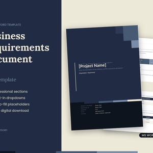 May include: An editable Business Requirements Document template in MS Word A4 format. The dark blue cover features the text Business Requirements Document, BRD Template, and 18 professional sections. It includes placeholders for project name.