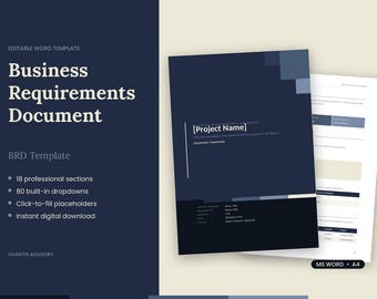 Może przedstawiać: Edytowalny szablon dokumentu wymagań biznesowych w formacie MS Word A4. Ciemnoniebieska okładka zawiera tekst Business Requirements Document, BRD Template oraz 18 profesjonalnych sekcji, wraz z miejscami na nazwę projektu.