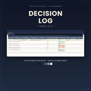 May include: A digital decision log template for Excel and Google Sheets featuring a dark blue background with white text. The interface displays a table with columns for ID, Date, Decision, Context, Options, Rationale, Owner, Status, and Priority.