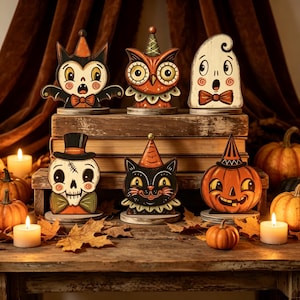 Vintage Halloween-Etagen-Tablett aus Holz, doppelseitige Retro-Schilder mit Geister-, Fledermaus-, Eulen-, Totenkopf-, Katzen- und Kürbismotiven, herbstliche Tischdeko im Landhausstil – Geschenkidee