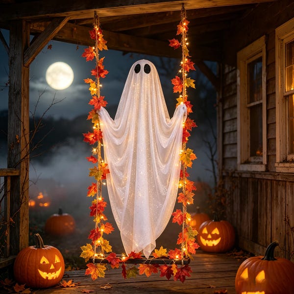 Decoración de columpio fantasma iluminado con guirnalda de hojas de otoño, luz LED cálida, decoración de porche para Halloween, exhibición colgante para exteriores en 3 tamaños.